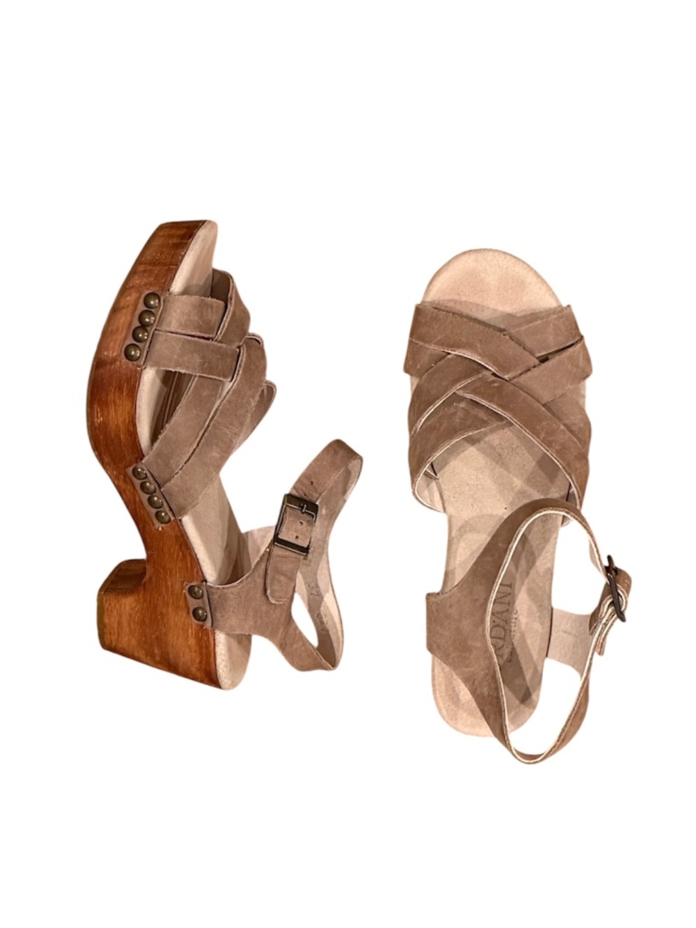 Nordstrom Cordani strappy taupe tan suede platform sandals clogs 37 6.5 7